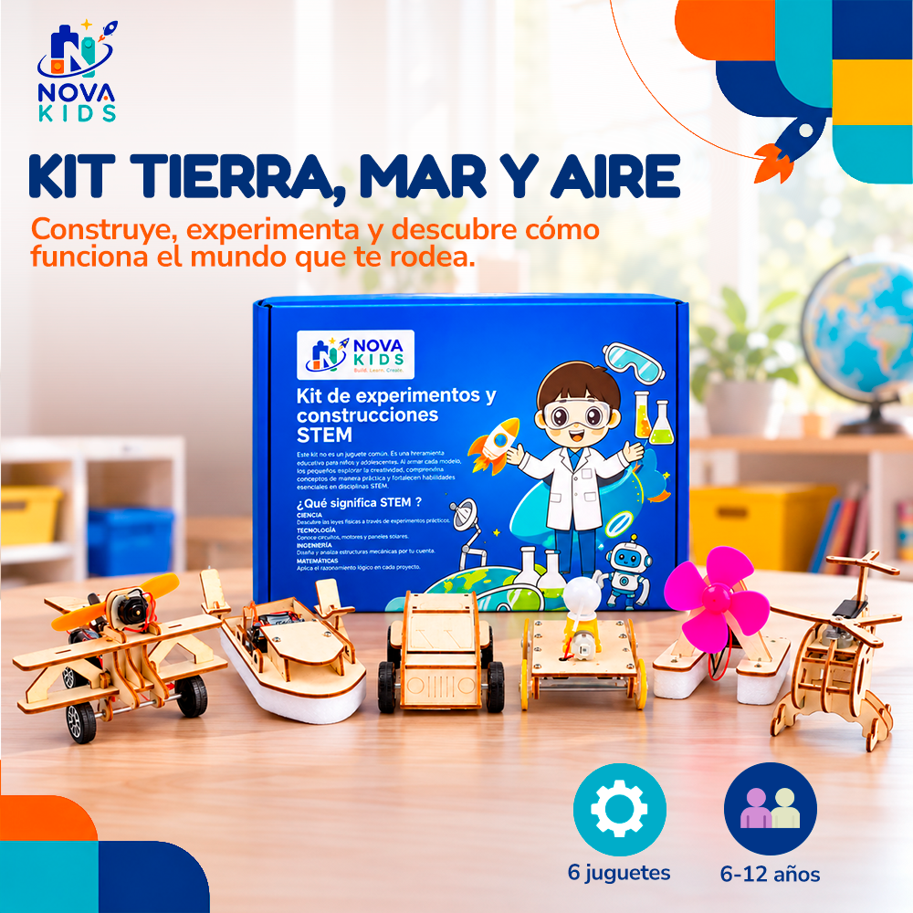 KIT EXPERIMENTAL TIERRA, MAR Y AIRE - HELICÓPTERO, BARCO, AVIONETA ARMABLE Auto Madera Para Armar Proyecto Educativo Ciencia Stem Diy Juguete
