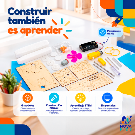 KIT EXPERIMENTAL TIERRA, MAR Y AIRE - HELICÓPTERO, BARCO, AVIONETA ARMABLE Auto Madera Para Armar Proyecto Educativo Ciencia Stem Diy Juguete