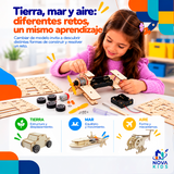 KIT EXPERIMENTAL TIERRA, MAR Y AIRE - HELICÓPTERO, BARCO, AVIONETA ARMABLE Auto Madera Para Armar Proyecto Educativo Ciencia Stem Diy Juguete